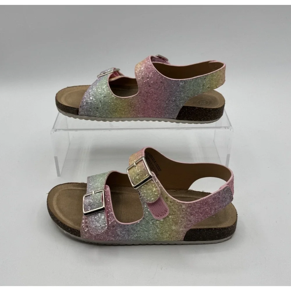 Cat & Jack Multi Color Glitter Girls Buckle Sandals, Adjustable Sz.12 Pre-owned